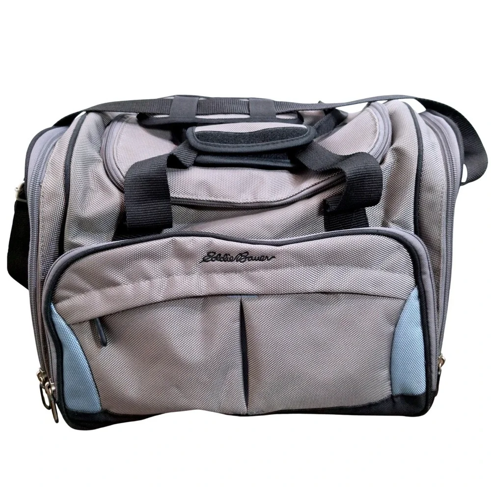 Eddie Bauer Grey Nylon Travel Bag 16x12 Travel Duffel Multi Pocket Messenger